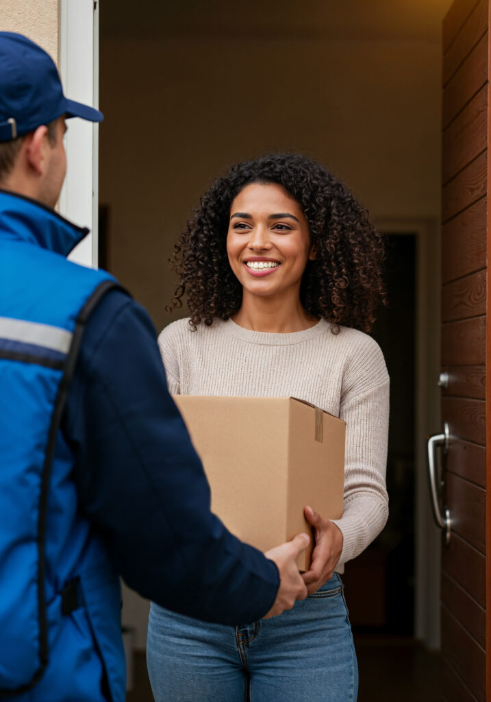 delivery man handing package smiling woman door