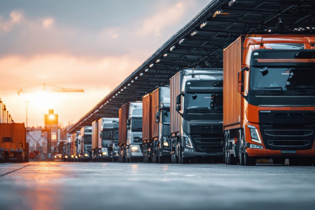 commercial trucks lined up logistics hub sunset